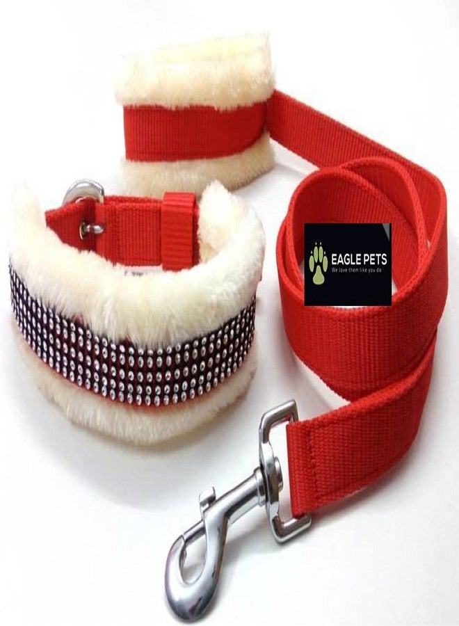 Eagle Pets Dogs Soft Fur Nylon Collar & Leash Set for Puppy Soft Padding Collar & Leash (Red & White, Large)